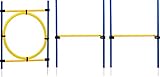 dobar 50808 3-teiliges Agility Sprung-Set, mit 2 Hürden und Sprungreif, je 100 x 76 cm, inkl. Tragetasche, Gelb/Blau