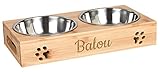 LAUBLUST Futterstation mit Name Personalisiert - Bambus, 2 Edelstahl Fressnäpfe Hund & Katze | M - 31x15x6cm, 2 x 0,35l