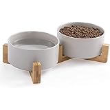 XiaoMuTongABC Hundenapf, Keramik-Hundenäpfe für Katzen Fressnapf mit Holzständerhalter, No Spill Pet Feeder Futternapf für Futter, Wasser, kleine Hunde Katzen, BPA-frei - 2er Set (Grau)