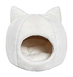 Katzenhöhle Katzenbett Iglu Haustiernest faltbar für Katzen oder kleinere Hunde, sehr weiches, Flauschiges Kunstfell mit Katzenohren, weiß, L38xB38xH35 cm
