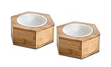 Supremery 2X Futternapf Katze mit Hexagon Halter - Futterstation 2X Keramiknapf für Katzen Hunde - Keramik Fressnapf Set Futterbar mit Holz Halterung