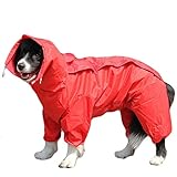 TFENG Hunde Regenmantel mit abnehmbarem Hoodie, Verstellbarer Outdoor-Tunnelzug Hundemantel, wasserdichte Hundejacke Regenjacke mit Kapuze und Kragenloch, 10 Größen (Rot)