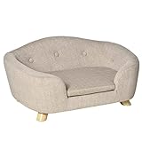 Pawhut Haustiersofa Hundematte Hundebett Hundesofa Hundecouch Katzen Sofa mit Kissen Rückentasche Plüsch Schaumstoff Kiefernholz Cremeweiß 70 x 47 x 30 cm