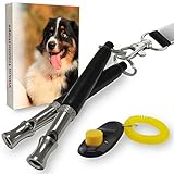 Villkin 2X Hundepfeife +Bonus: Hunde-clicker, Schlüsselband und E-Book - Kontrolle erlangen und Bellen stoppen - Schwarz/Silber mit Einstellbarer Frequenz