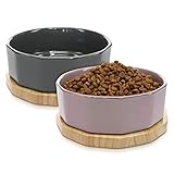 Navaris Fressnapf Futternapf Set aus Keramik - 2X Hundenapf Katzennapf Futterschale mit Unterlage aus Eichenholz - Fressnäpfe für Hunde und Katzen