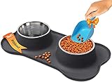 Hunde Futterstation mit 2x800ml Futternapf - rutschfest Silikon Matte für Hundenapf - Mittelgrosse Hund/Große Fressnapf Katze - Grau Silikon Unterlage für Fressnapf und 2X Edelstahl Wassernapf/Napf