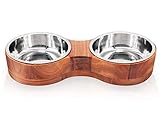 KYONANO Hundenapf, Futternapf Katze Hund, Hundenapf Grosse Hunde, 8-förmig Fressnapf Hund Katze, Futternapf aus Holz mit Herausnehmbarem Edelstahlnapf, Wassernapf für Hunde