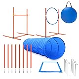 Tresbro Agility Ausrüstungs Set für Hunde, Hindernisse mit Hundetunnel,Geflochtene Stangen, Springring, Hürdenstange, Verstellbare Höhe, Konische Fässer