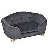 Pawhut Haustiersofa Hundematte Hundebett Hundesofa Hundecouch Katzen Sofa mit Kissen Rückentasche Plüsch Schaumstoff Kiefernholz Dunkelgrau 70 x 47 x 30 cm