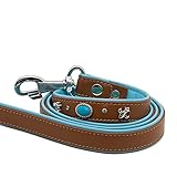 MICHUR Nizza Lagune Leine, Hundeleine Leder, Lederleine Hund, PASSEND ZUM Halsband Nizza, Brown Blau, Leder, mit Lilien,Strasssteinen und großem Kristall, in verschiedenen Größen erhältlich