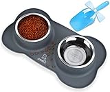 pecute Futternapf Fressnapf Hunde Katzen, Hundenapf Edelstahl Katzenapf mit Rutschfesten Silikon Tablett Matte,Schüssel Lebensmittel Wassernapf Grau M(2 * 400ml)