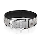 MICHUR Leon Hundehalsband Leder, Lederhalsband Hund, Halsband, Grau-Schwarz, Leder, mit Lilien, Strasssteinen und Löwenkopfapplikation, in verschiedenen Größen erhältlich