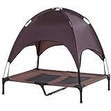 Pawhut Haustierbett mit Baldachin, Erhöhtes Hundebett, Hundeliege Outdoor mit Dach, Atmungsaktiv, Taftstoff Kaffee 92 x 76 x 90 cm