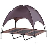 Pawhut Haustierbett mit Baldachin, Erhöhtes Hundebett, Hundeliege Outdoor mit Dach, Atmungsaktiv, Taftstoff Kaffee 122 x 92 x 108 cm
