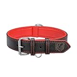 Riparo Echtes Leder Verstellbares K-9 Hundehalsband mit Zusätzlicher Verstärkung (L: 3,8CM Breit für 45,7CM - 53,3CM Hals, Schwarz-roter Faden)