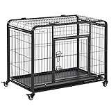 Pawhut Hundekäfig Faltbarer Transportkäfig mit Rädern 2 abschließbare Türen und abnehmbares Tablett Metall Grau+Schwarz 94 x 58 x 69,5 cm