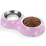 Hundenäpfe, SAVORI 320ml / 4.5 Unze handgemachte funkelnde Rhinestones Edelstahl Haustier Schüsseln Doppeltierfutter Wasser Zufuhr für Welpen Hunde Katzen (Rosa)