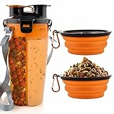 MATT SAGA Hund Trinkflasche und Futterflasche 2-in-1 mit 2 Faltbar Hunde Reisenapf Tragbare Hundewasserschüsseln zum Gehen, Wandern & Reisen (Orange)