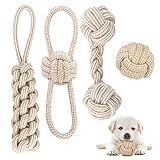 Hundespielzeug Seil mit Knoten Ball, 4 Stück Kauen Hundespielzeug Set für Kleine Hunde/ Mittlere, Welpen Spielzeug für Hunde ​Zahnpflege, aus Natürlicher Baumwolle (Weiß)