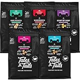 Tales & Tails® - Hunde Leckerlis aus 100% Fisch | Probepaket mit 5 Sorten Hundesnacks | Natürlich, Zuckerfrei, Getreidefrei, reich an Omega 3 | Je 1x Dorsch, Lachs, Shrimp, Kabeljau, Barsch | 5 Tüten