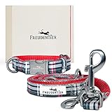 FREUDENTIER Hundeleine (2m) und Halsband im stilvollen Set, Inkl. Geschenkbox, 3-Fach verstellbare Leine, ORIGINAL „Edinburgh“ Kollektion, Unempfindlich & Pflegeleicht (41-63cm), Händler aus Hamburg