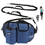 pecute Joggingleine für Kleine Hunde, Jogging Hundeleine für groß und mittelgroß Hunde, Elastische und reflektierende Laufleine, freihädige Leine mit Gürteltasche (Blau)