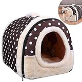 OZUAR 2 In 1 Hundebett Katzenbett Hundehöhle Hundehütte Tragbar Faltbare Hund Zimmer Katzenhöhlen Haustier Haus und Sofa Brauner Punkt 45×35×35cm