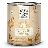 Wildes Land - Nassfutter für Hunde - Bio Ente - 6 x 800 g - Getreidefrei - Extra hoher Fleischanteil von 60% - 100% zertifizierte Bio-Zutaten - Beste Akzeptanz und Verträglichkeit