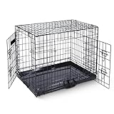 Hundekäfig (76cm) – Haustierkäfig aus schwarzem Metall mit 2 Türen (vorne und seitlich) mit kaubeständiger Kunststoff-Basisschale und Tragegriff, robuste Box, perfekt für Welpentraining (mittel)