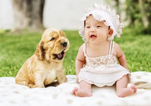 Baby und Hund haben Spaß.